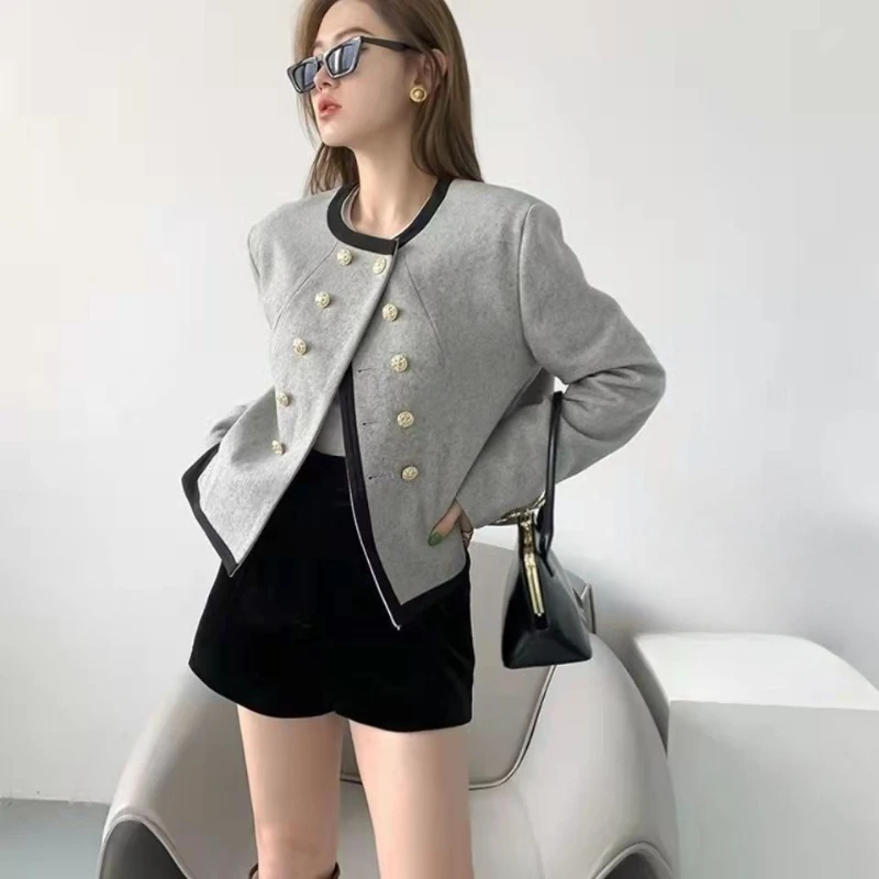 Chaqueta Blazer de lana asimétrica gris para mujer, abrigo de traje corto francés elegante, ropa de abrigo de moda, novedad de primavera 2025,