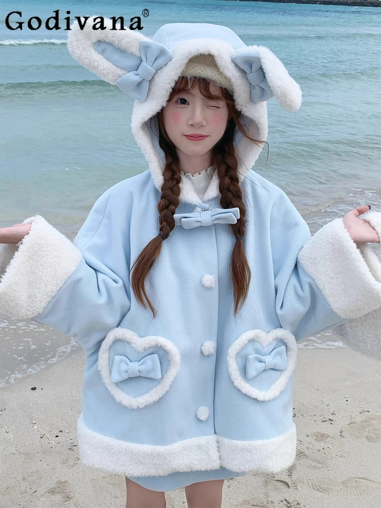

Japanese and Korean Sweet Girls Blue Woolen Coat Autumn and Winter New Warm Thick Cute Rabbit Ears Hooded Jacket and Skirt Set