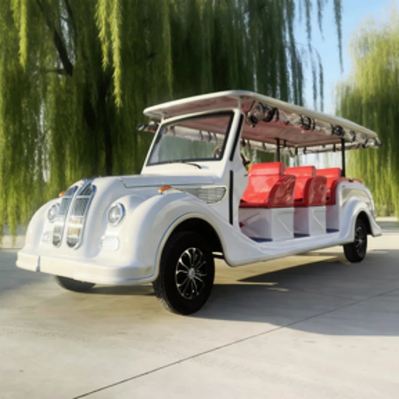 

Горячая распродажа: светодиодные фонари для винтажного классического электромобиля на 11 мест, предназначенного для туристических объектов, с красными обивными сиденьями и чехлом от дождя.