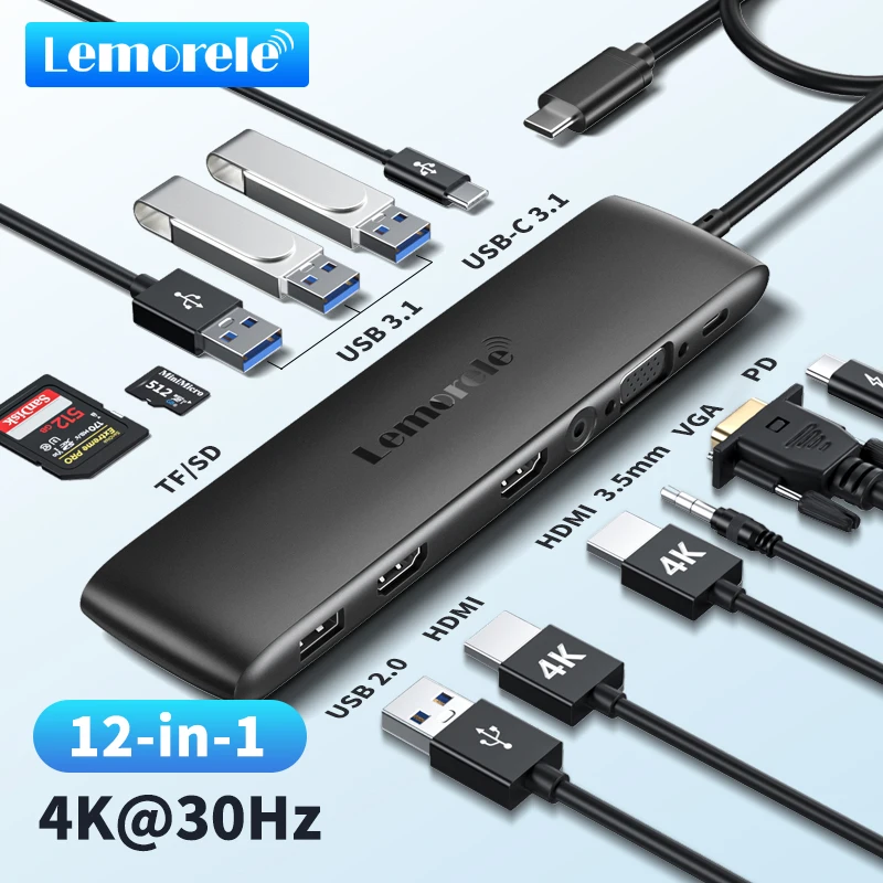 Lemorele TC97 USB Hub USB 3.1 Docking Station USBC to Dual HDMI 4K 10Gpbs Type-C 100W Adapter VGA Type-C 3.1 for MacBook Windows