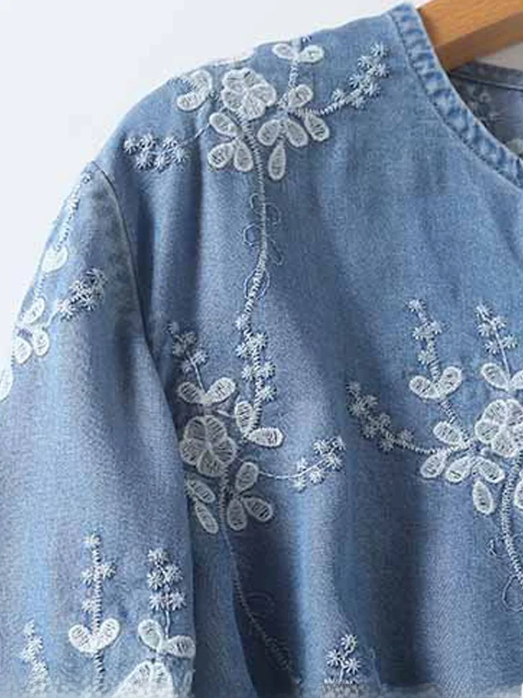 

Casual Loose Women's Silk Denim Embroidered irt Sun Protection Versatile Top Commute Sle Long Sve Stand Collar