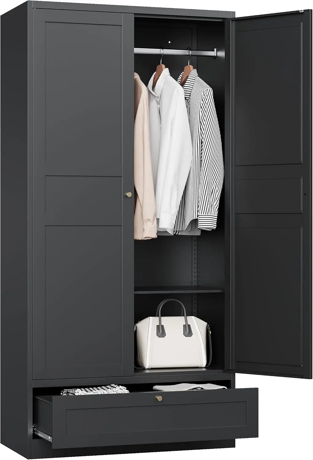 

72" Metal Wardrobe Closet with Drawer & Hanging Rod, 2-Door Storage Cabinet for Bedroom, Laundry, Office