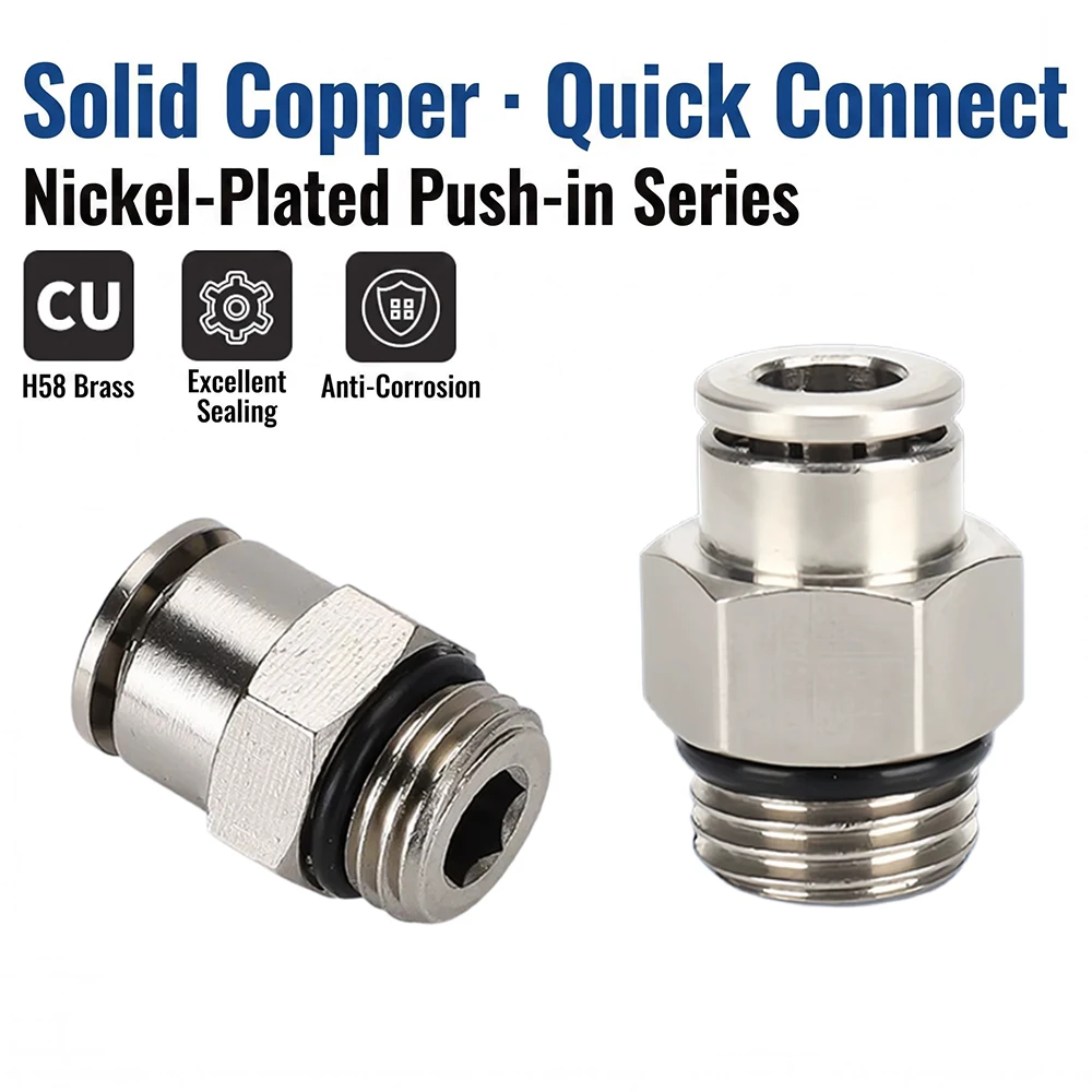 PC-G Pneumatic Quick Connector All Copper Nickel Plated with Sealing Ring G Thread G1/8 1/4 3/8 1/2 PU Air Pipe 6 8 10 12mm8-G02
