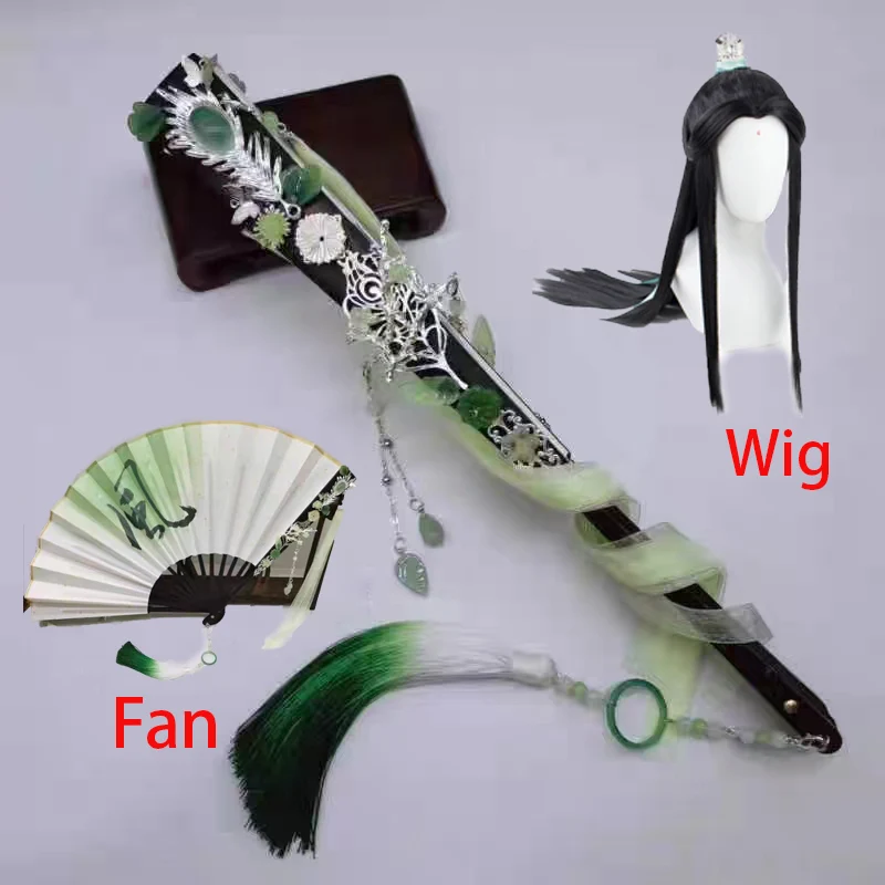 Tian Guan Ci Fu Shi Qingxuan Hair Crown Folding Fan Shi Qing Xuan Black Long Straight Wig Crown Halloween Wig Accessories Anime