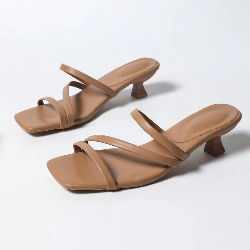 

Kitten Heel Women Slippers Fashion Cross Strap Square Open Toe Dress Pumps Summer Ladies Comfort Vacation Daily Slide Shoes