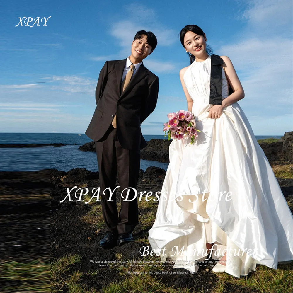 

XPAY Elegant O-Neck A Line Taffeta Wedding Dresses A Line Simple Draped Floor Length Bride Gowns Corset Back Customized Mariage