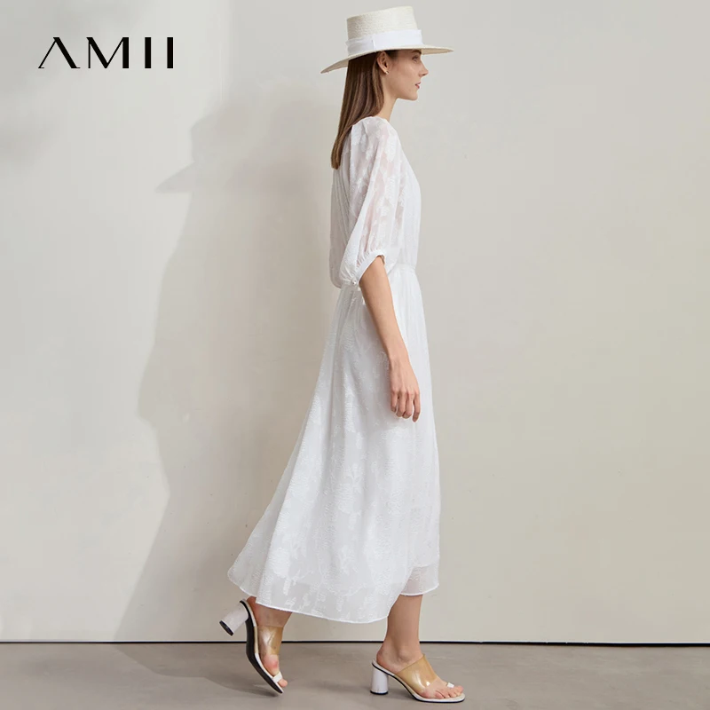 AMII Beżowa Sukienka Wakacyjna 2025 Lato Biurowa Damska Pasek Szyfon Koraliki Guziki Linia A Okrągły Dekolt Fairycore Sukienki 12542143