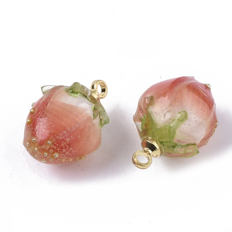 2pc Handmade Flower Pendants with Brass Peg Bails and Glass Micro Beads Bud Golden Coral 14~15x9~10x9~10mm Hole: 1.2mm