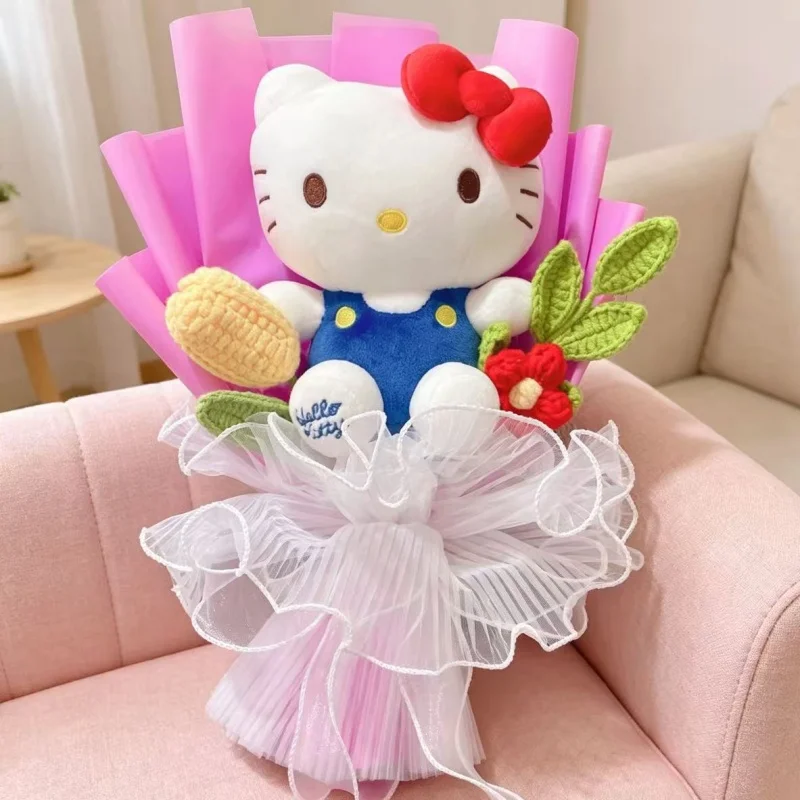 Boneca de Pelúcia Hellokitty Original com Flor Artificial, Buquê Criativo Feito à Mão, Presentes de Natal, Dia dos Namorados e Aniversário para Meninas
