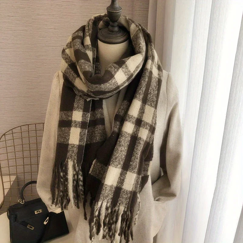 New Fashionable Plaid Tassel Scarf Imitation Cashmere Thickened Warm Shawl Autumn and Winter Multi-functional Cold Protection