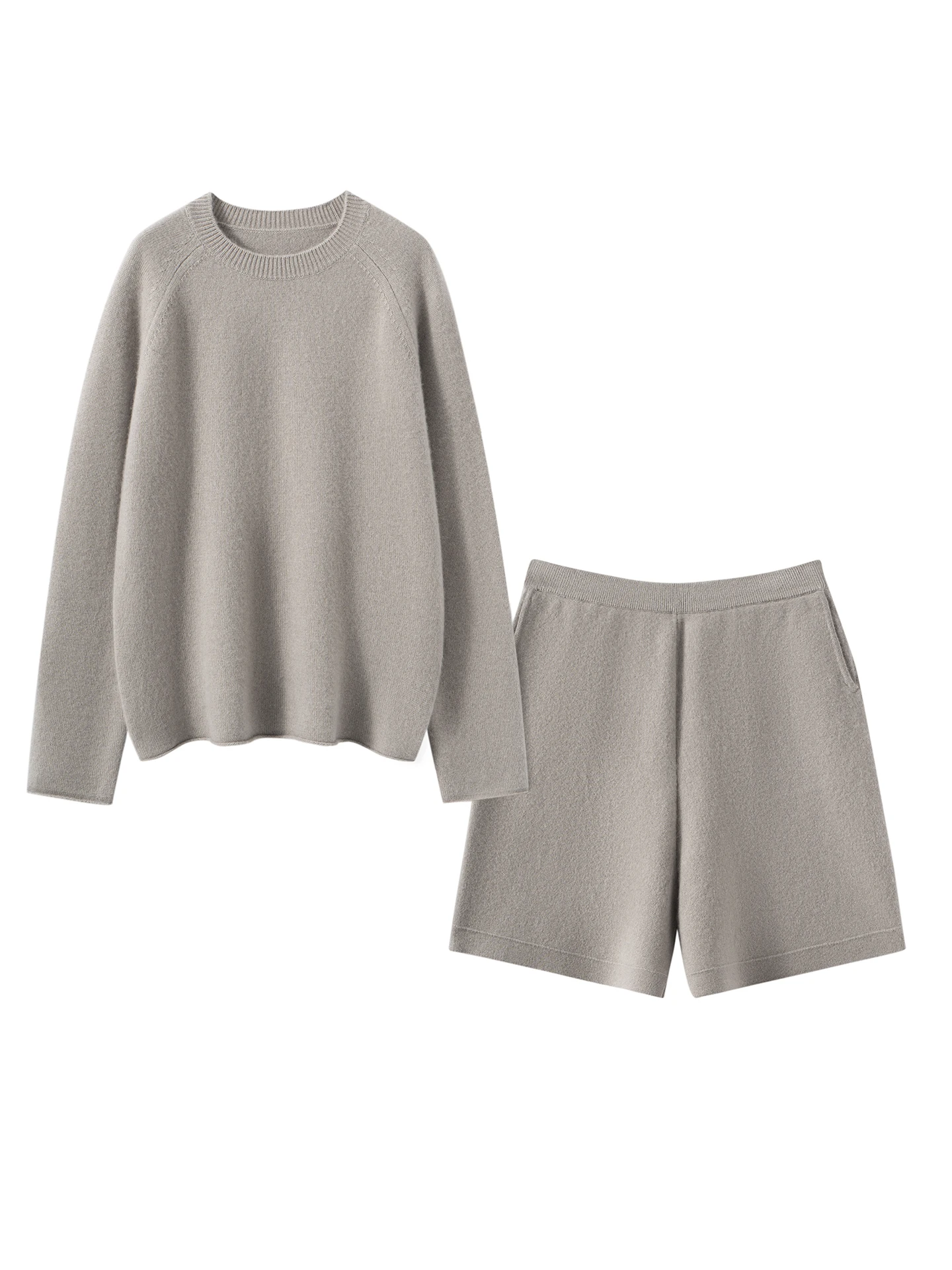 

Chic Women's O-Neck Pullover Sweater Shorts 100% Cashmere Two-Piece Set Autumn Winter Warm Light Soft Casual Loose Suits