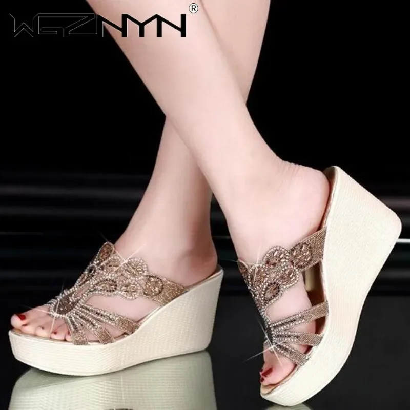 NEW Women Sequined Cloth Slippers Bling Wedges Platform Summer Beach Casual Slides Woman Shoes Plus Size Ladies Footwear 2023