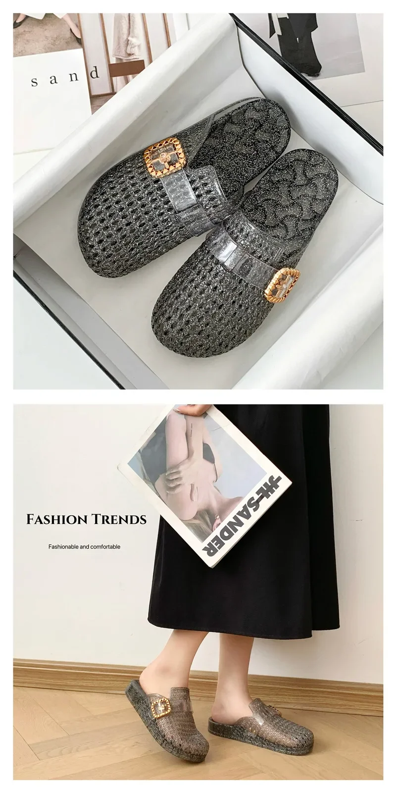 2026 Damen Jelly-Kristall-Pantoletten mit offener Zehenpartie, neuer Sommerstil, modische Damen-Strandsandalen, hohles Design, rutschfest. – Detail 7