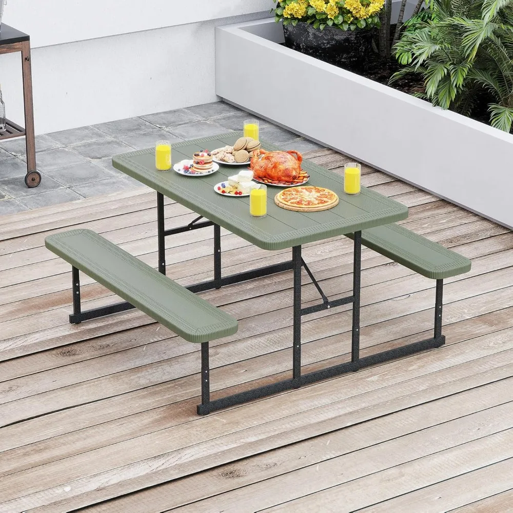 

Picnic Tables with Benches, Rectangular Dining Table Set for Outside 4 People, HDPE Tabletop, Metal Frame, Umbrella Hole