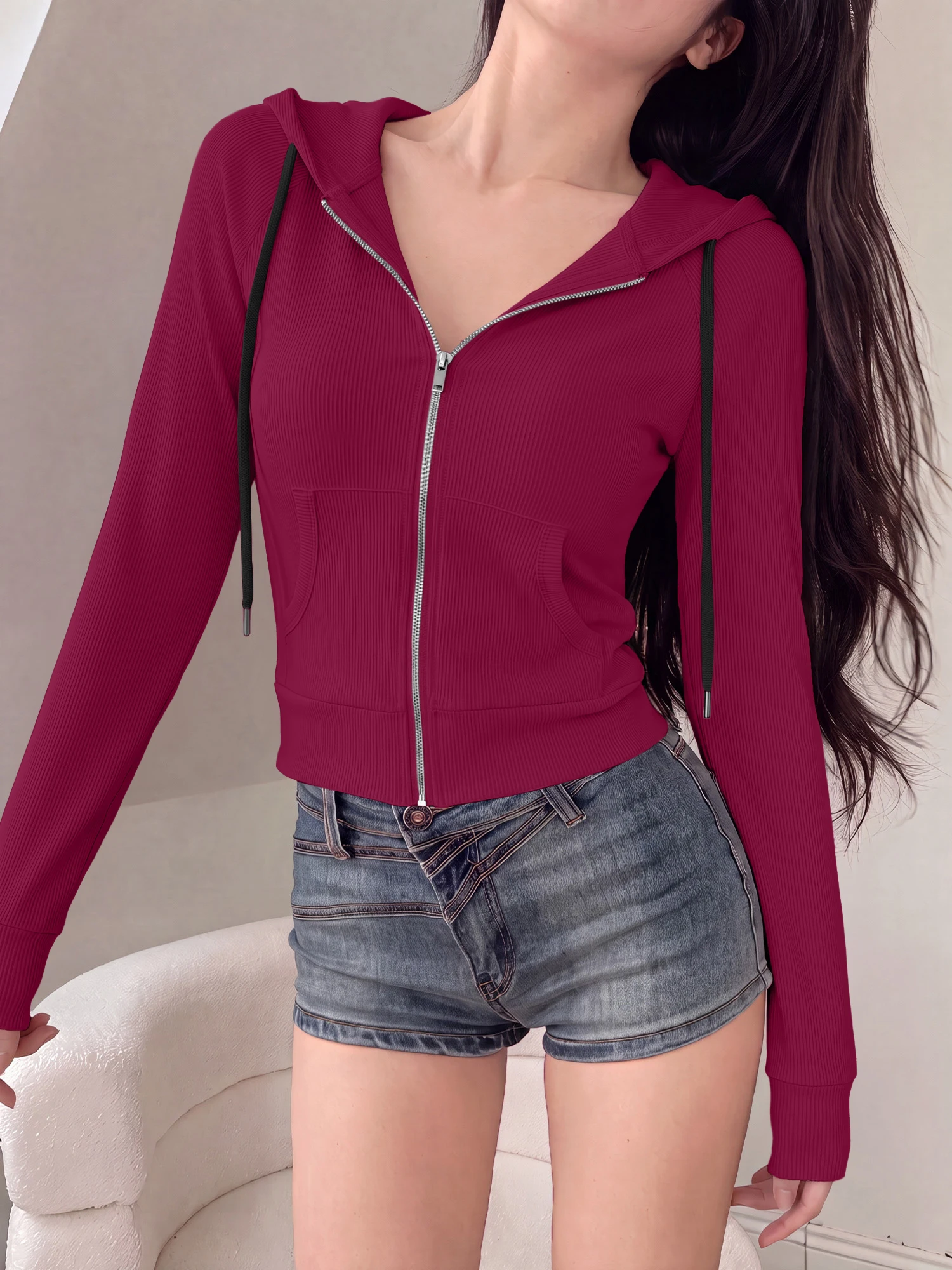 Smart Casual Cropped Zip Front Hooded Coat, Soft Ribbed Outerwear for Relaxed Daily Occasions