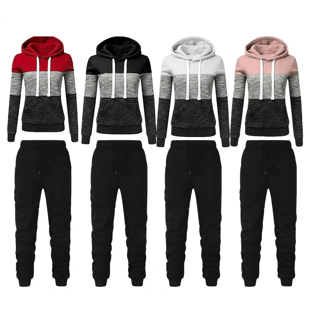 1 Set Simple Pullover Trousers Tracksuit Top Pants Set Color Block Warm Sweatshirt Lace-up Sweatpants  Soft