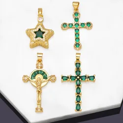 OCESRIO Green CZ Cross Necklace Pendant Copper Gold Plated Crucifix Lucky Star Pendant for Jewelry Making cruz colgante pdta853