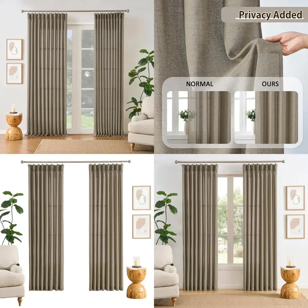 ستائر كتان بطيات كاكي على طراز السبعينيات، 50 × 92، بوهو شيك للأبواب الفرنسية، غرفة المعيشة