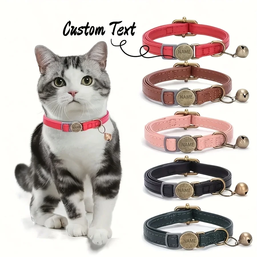 Maßgeschneidertes, graviertes Haustierhalsband aus Kunstleder mit Glöckchen- und ID-Tag – Vintage-Stil, Schnellverschluss-Schnalle, langlebiges Katzenhalsband-Zubehör