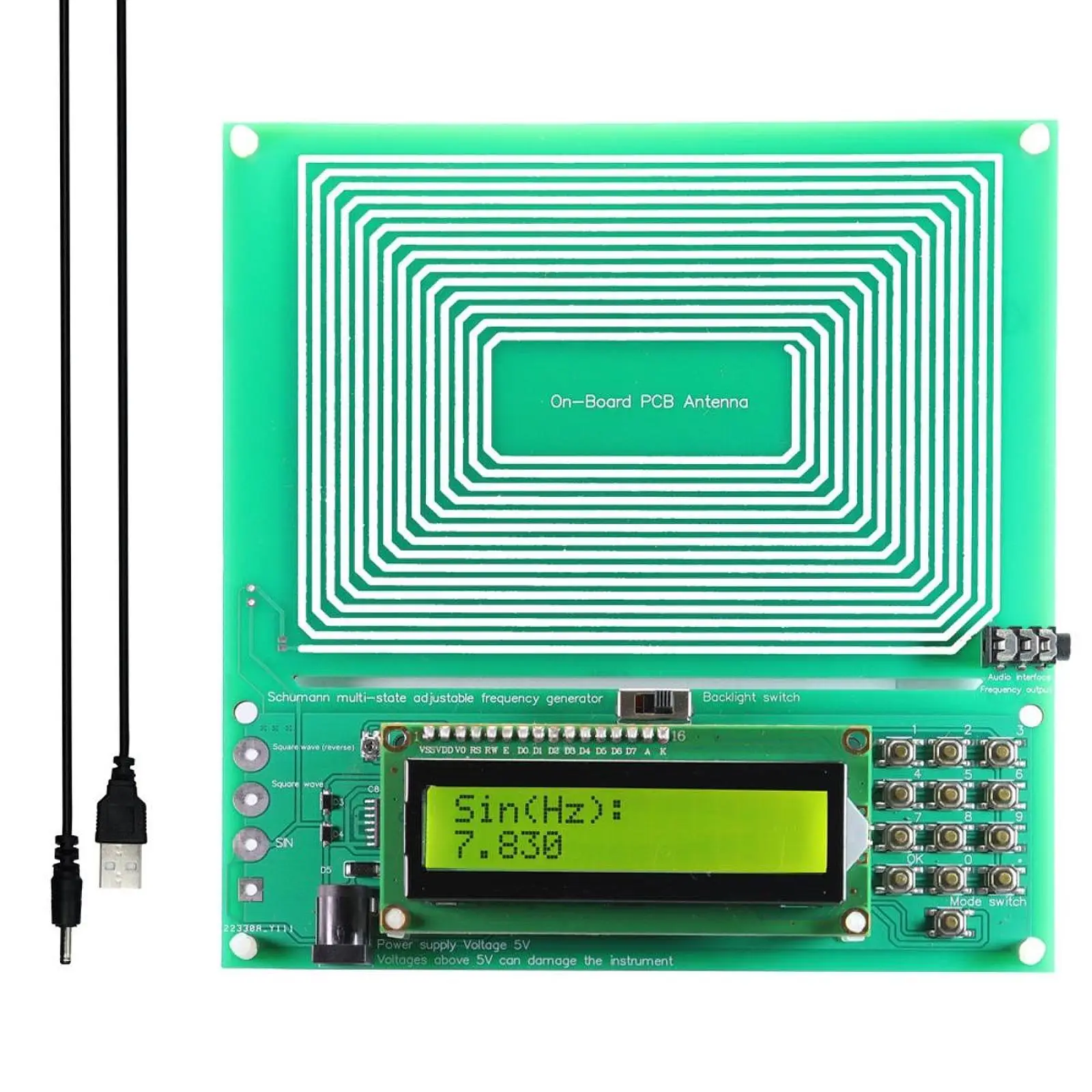Schumann Generator Audio Resonator Big Size PCB 15x14cm Frequency Kit USB Sine and Square Outputs for Home and Studio