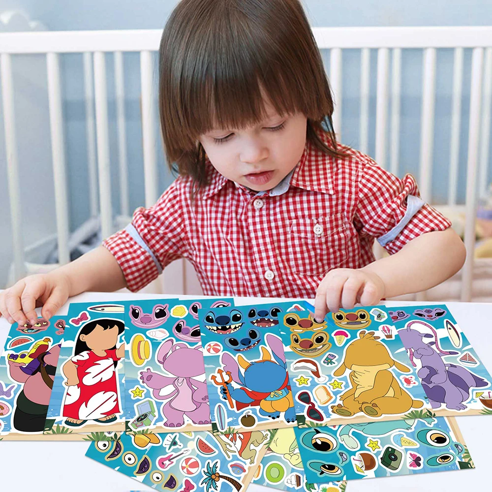 9/18Sheets Disney Cartoon Lilo Stitch Puzzle Stickers Make a Face Kids Toys Party Game Children DIY Assemble Jigsaw Decoration