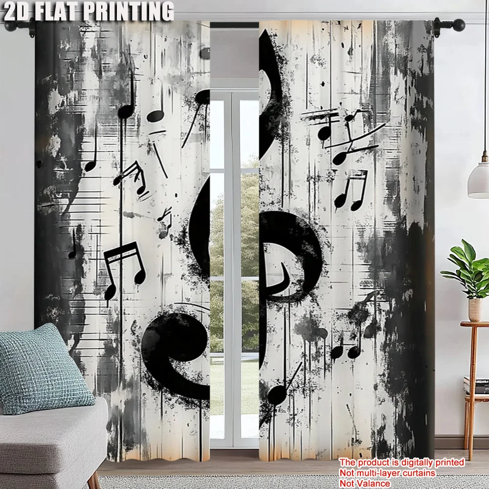 

2Pcs Black And White Music Notes Window Curtains Rod Pocket Design Polyester Perfect For Living Room Bedroom Kitchen And Dining