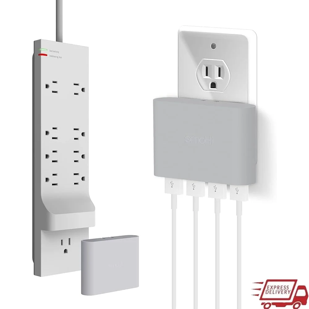 

Удлинитель с защитой от перенапряжения с 9-розетками, плоским USB-зарядным устройством и удлинителем длиной 6 футов, удобство для домашнего офиса