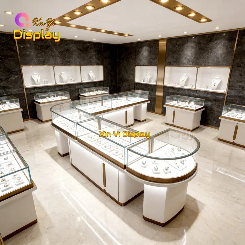 custom.Customized Stainless Steel Jewelry Kiosk System Eco-Friendly White Base Frame LED Lighting Modern Profession