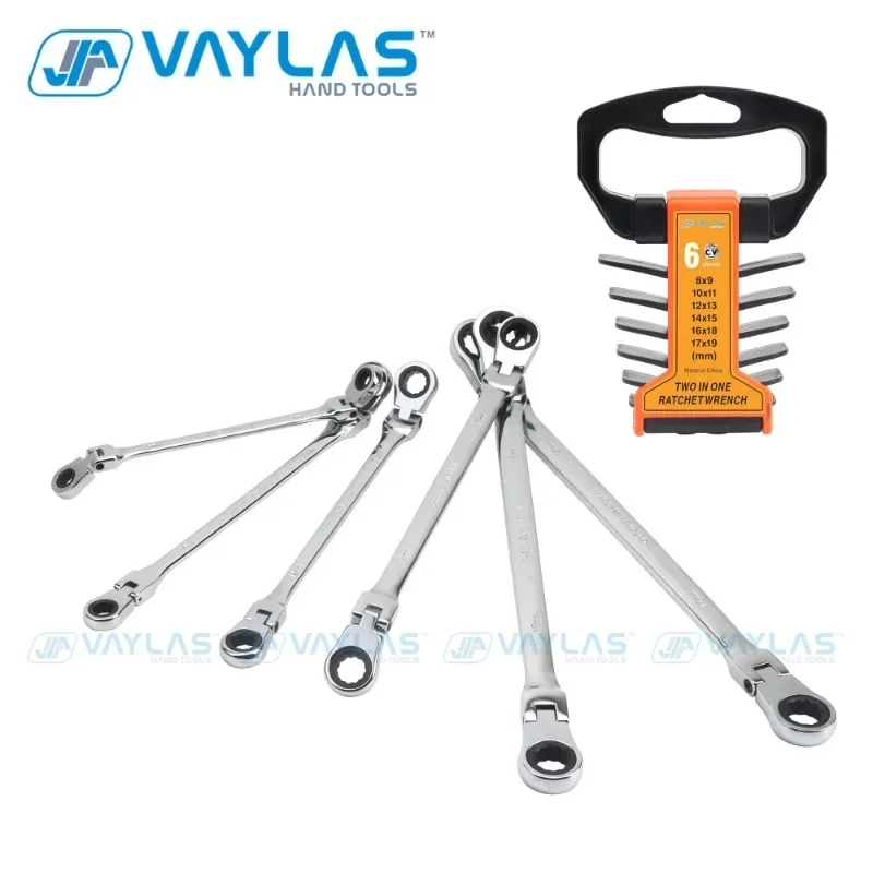 Extra Long Flex-Head Ratcheting Wrench Set 6-Piece Double Box End Wrench Set Metric 8-19 mm CR-V Steel with Storage Rack