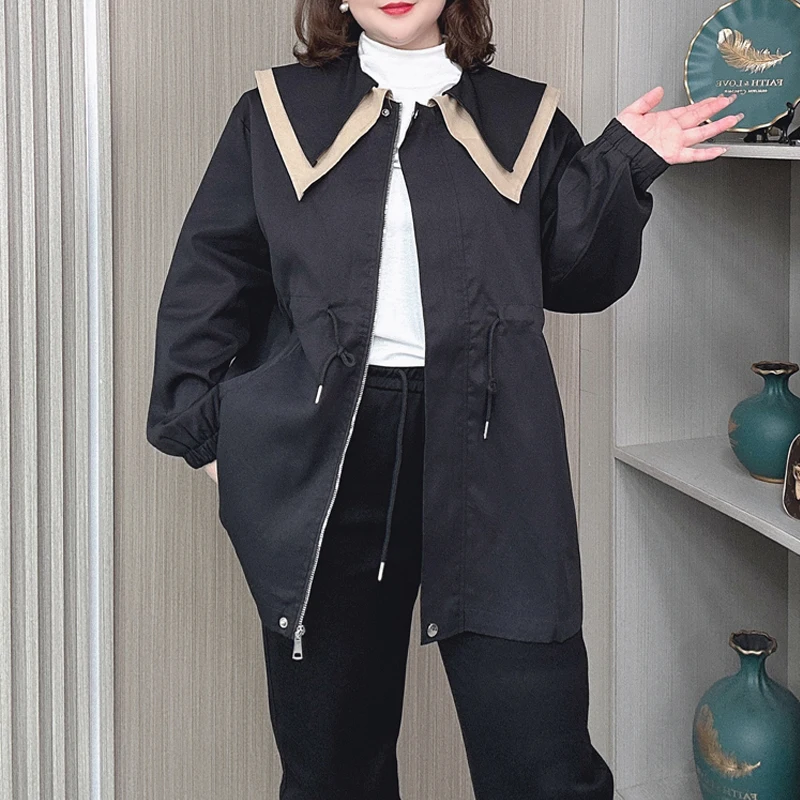 Autumn XL Women Trench Coat Drawstring Waist Loose mid-length Sailor Collar Casual OUTERWEAR 2201