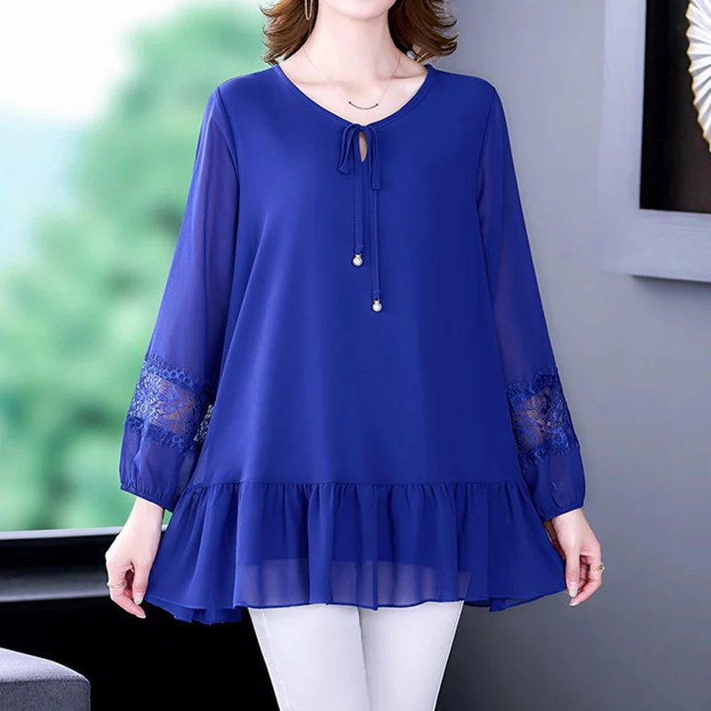 Casual Fashion Solid Drawstring Folds Chiffon Shirt Summer Autumn V-Neck Long/Short Sleeve Loose Blouse Ladies Clothes JJ94