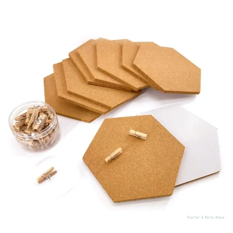 M17F 5 Pieces Self Adhesive Cork Notice Board Hexagon Cork Board for DIY Photo Wall