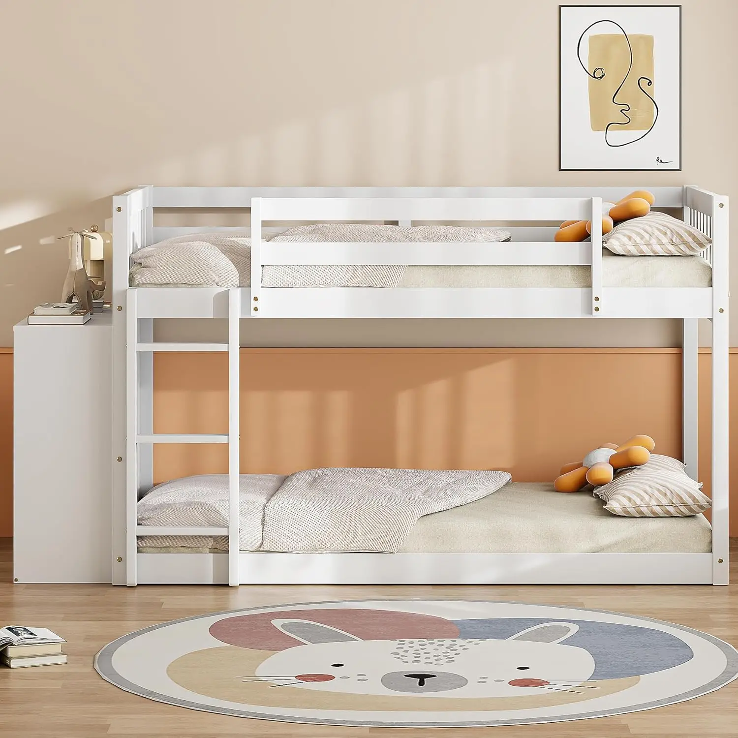 Letto a castello basso con design harperd & Bright con contenitore, struttura del letto a castello a due piani con 4 cassetti e 3 ripiani, legno massello