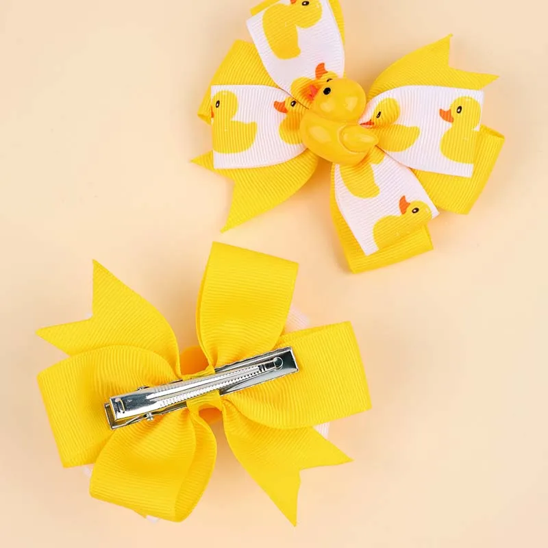 ncmama 2Pcs Little Yellow Duck Bow Hairpin Cute Duck Print Ribbon Bows Hair Clips for Girls Barrettes Headwear Hair Accessories