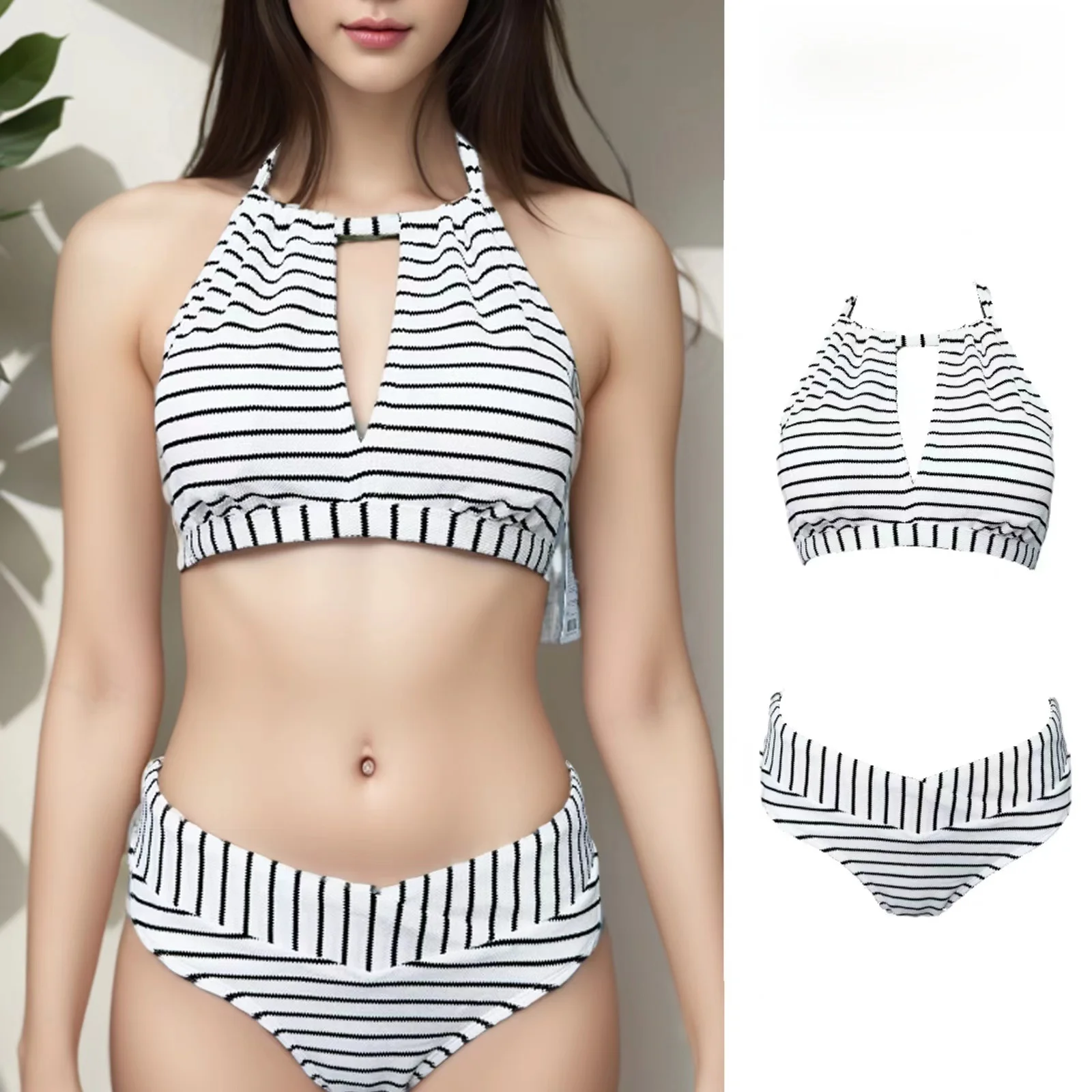 

Faionable Striped Bikini for Women Hollow out Design Swimming Suit with Chest Pad e Sle No Steel Support