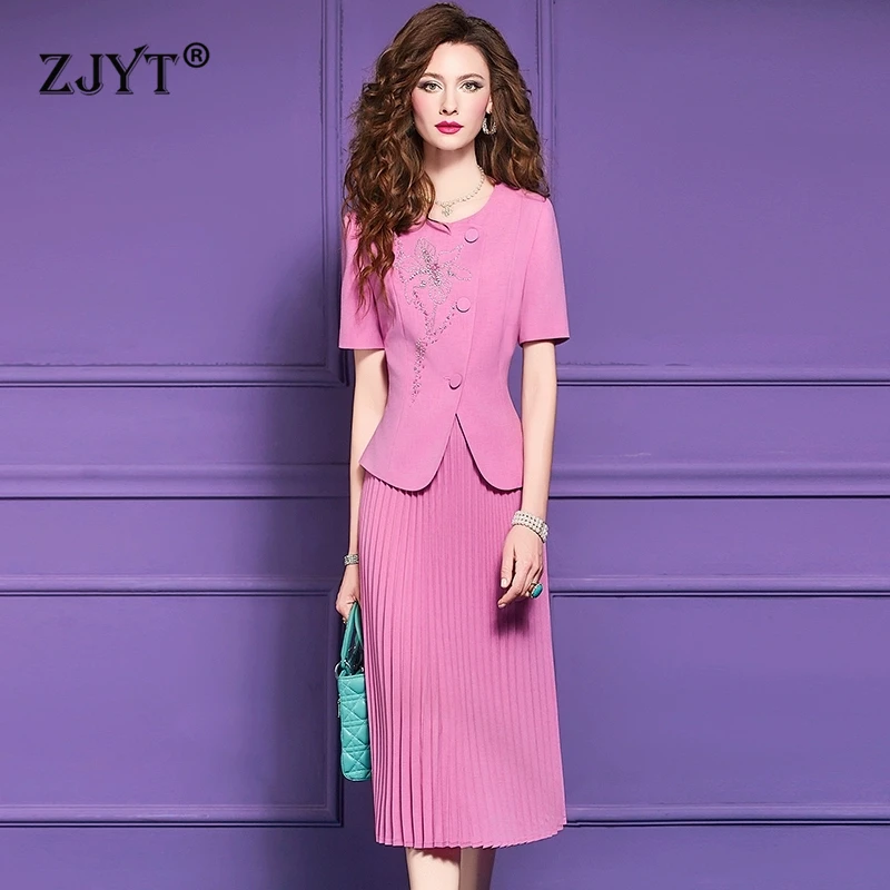 

ZJYT Elegant Business Chic Dress Sets Summer 2025 Beading Blouse and Midi Pleated Skirt Set 2 Piece Womens Outfit Office Party