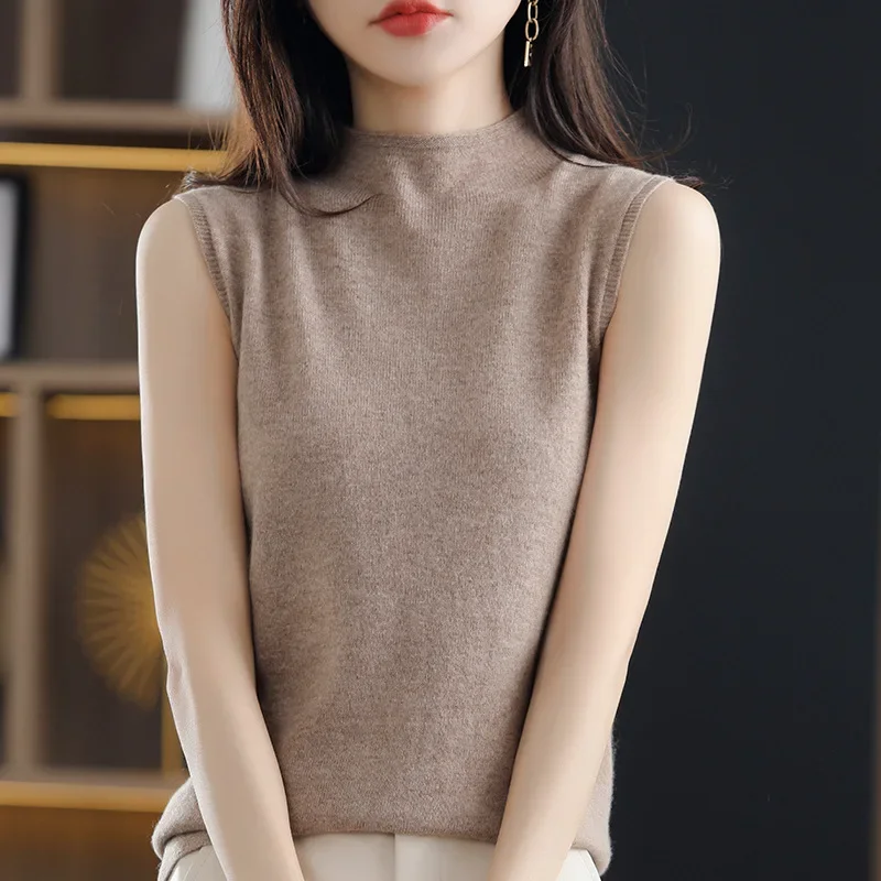 Half-turtleneck Sleeveless Vest Women\'s Cashmere Sweater Knitted Wool Vest Sleeveless Women Vest Bottom Knit Shirt