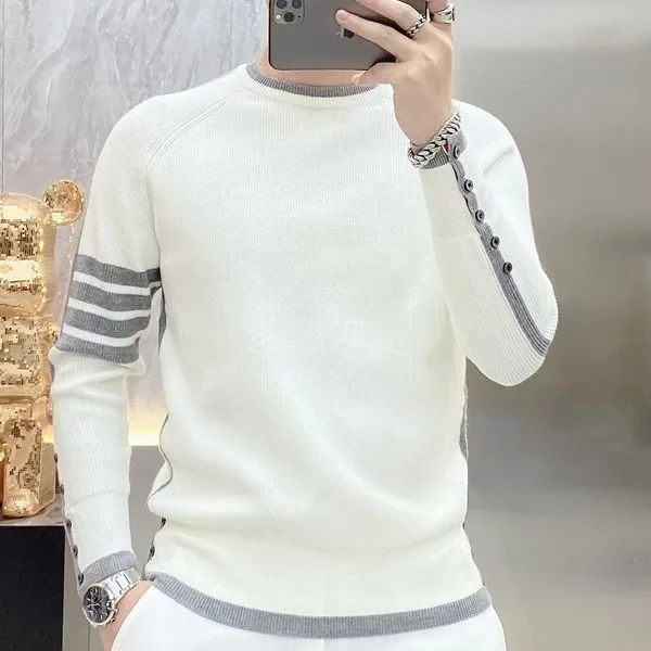 Long Sleeve Autumn/winter Stylish Striped Knitted Top Casual Round Neck Pullover Sweater Trendy For Young Men