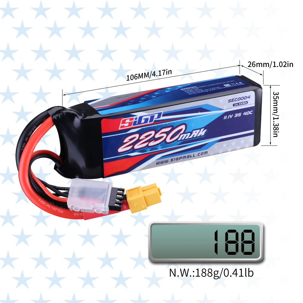 2S 3S 4S Lipo Battery 11.1V 2250mAh 25C 40C 60C with XT60 Connector for RC Airplane Quadcopter Drone FPV Helicopter Hobby