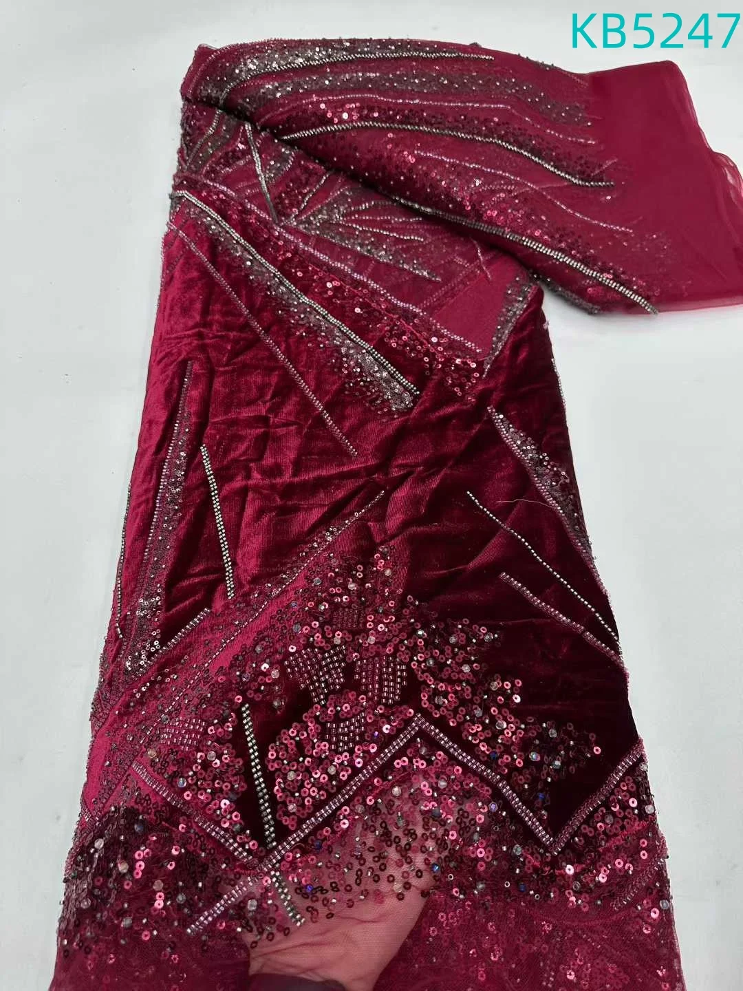 5 Yards Dubai Lace Fabrics Quality 2025 Velvet Beaded French Mesh Lace Fabric Sequence Tulle Lace For Wedding Dress KB5247