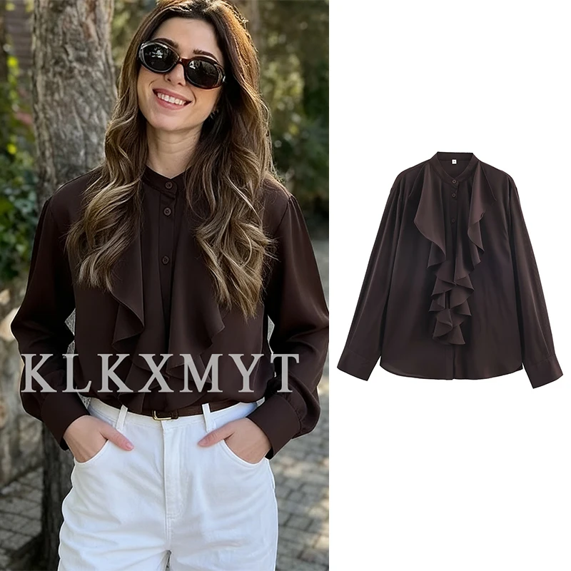 Blusa de ocio para mujer 2025, nueva moda de otoño, camisa arrugada de manga larga con cuello redondo, Tops sueltos de calle alta para mujer