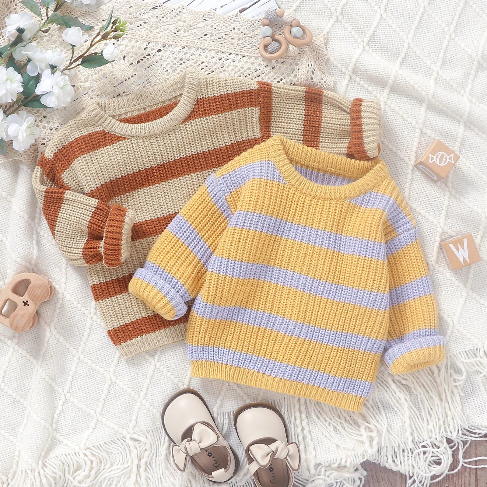 Newborn Baby Sweater Casual Stripe Print Warm Knitted Long Sleeve Pullover Infant Knitwear for Toddler