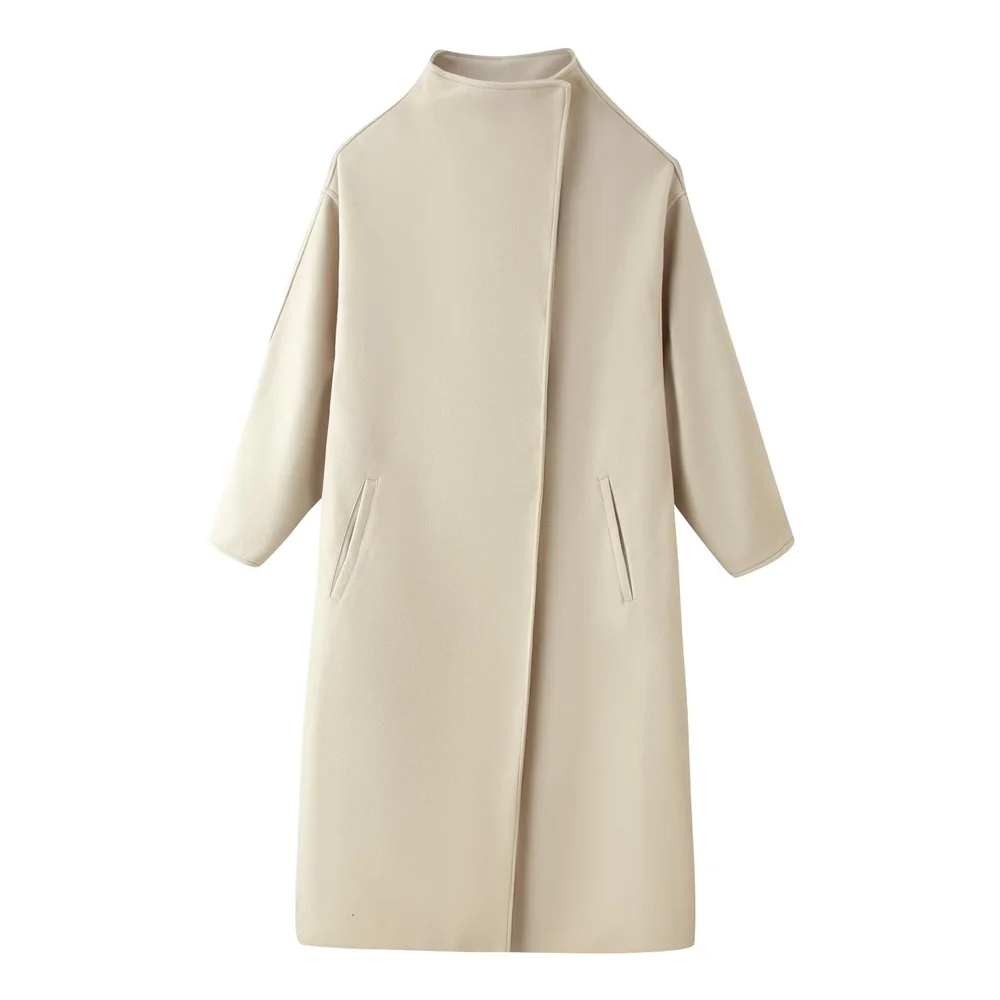 CHIC Autumn Winter Women Apricot Stand Collar Long Woolen Coat Loose Batwing Sleeve Trench Midi Calf Length Outerwear Black