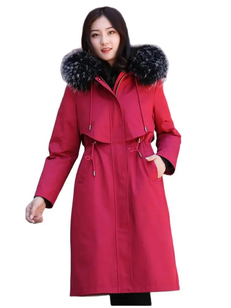 Abrigo de piel auténtica impermeable para mujer, Chaqueta larga con cuello de piel de mapache natural, parkas gruesas y cálidas para invierno, novedad de 2023