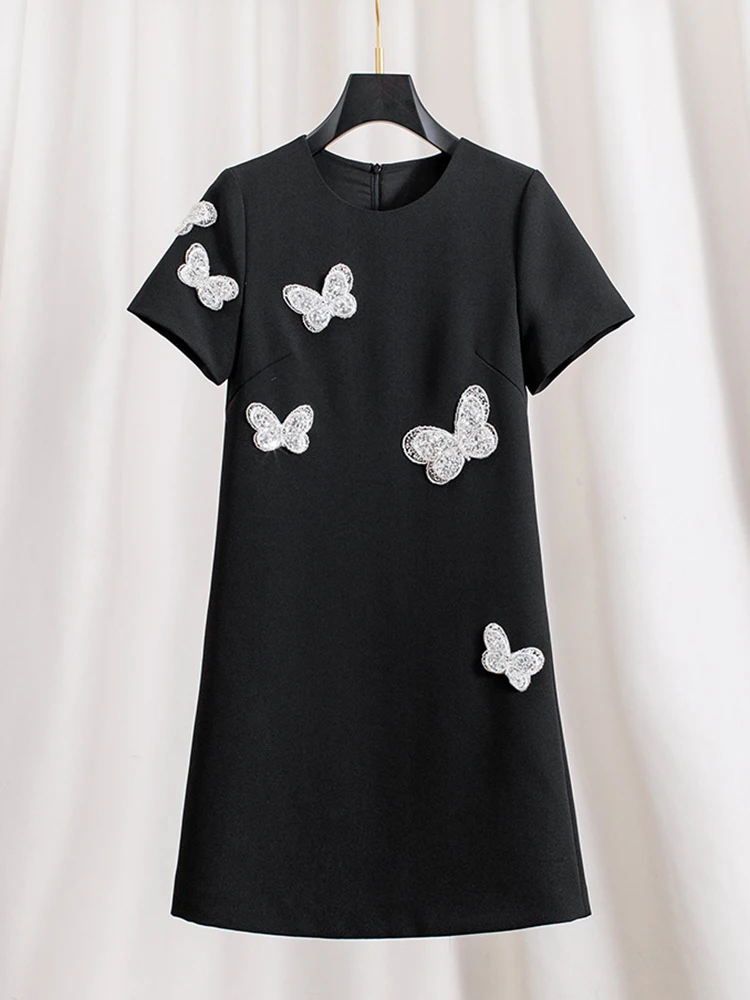 ZJYT Runway Fashion Summer Dresses for Women Beading Butterfly Loose Black Dress Casual Party Vestidos Elegant Short Sleeve 2024