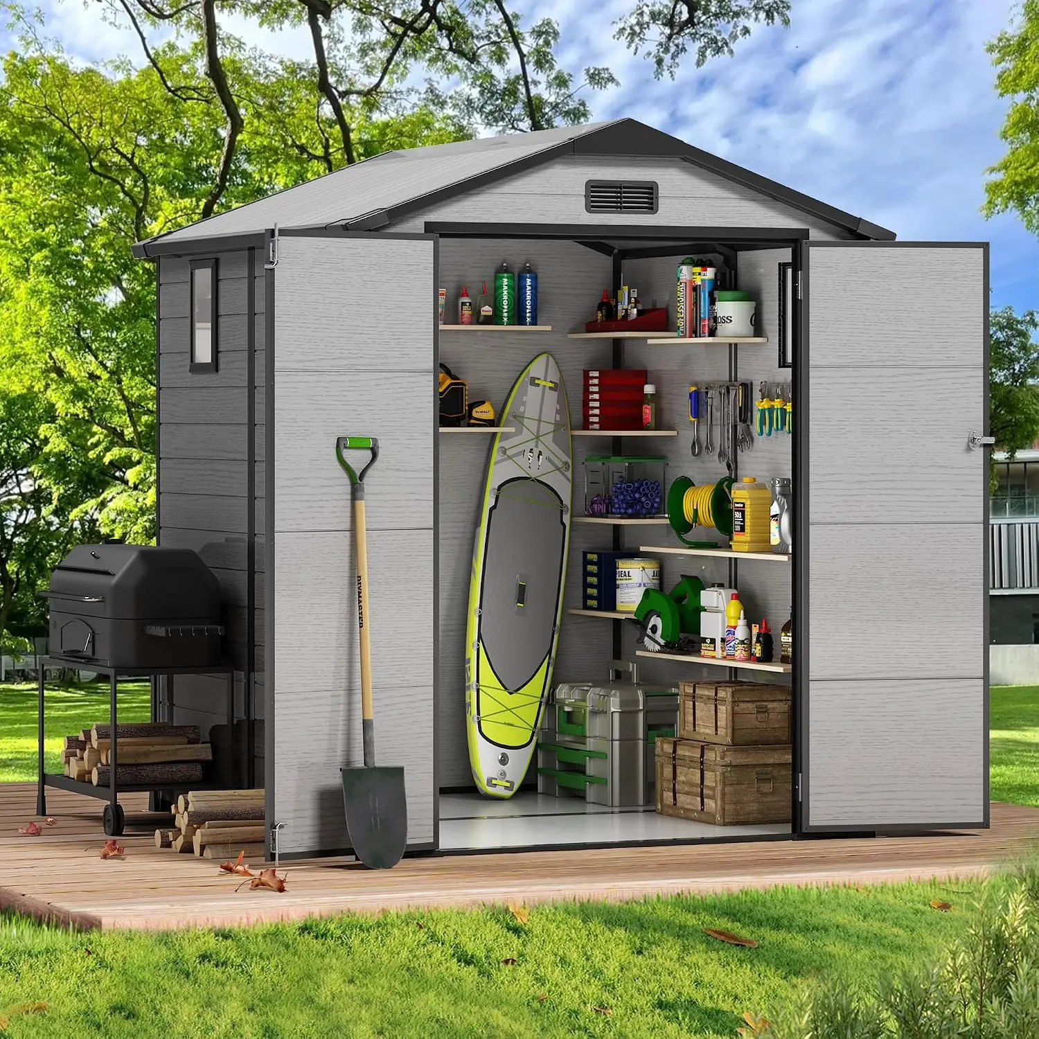 6x6 FT Resin Shed with Floor & Skylight Weather UV Resistant Outdoor Storage, Customized