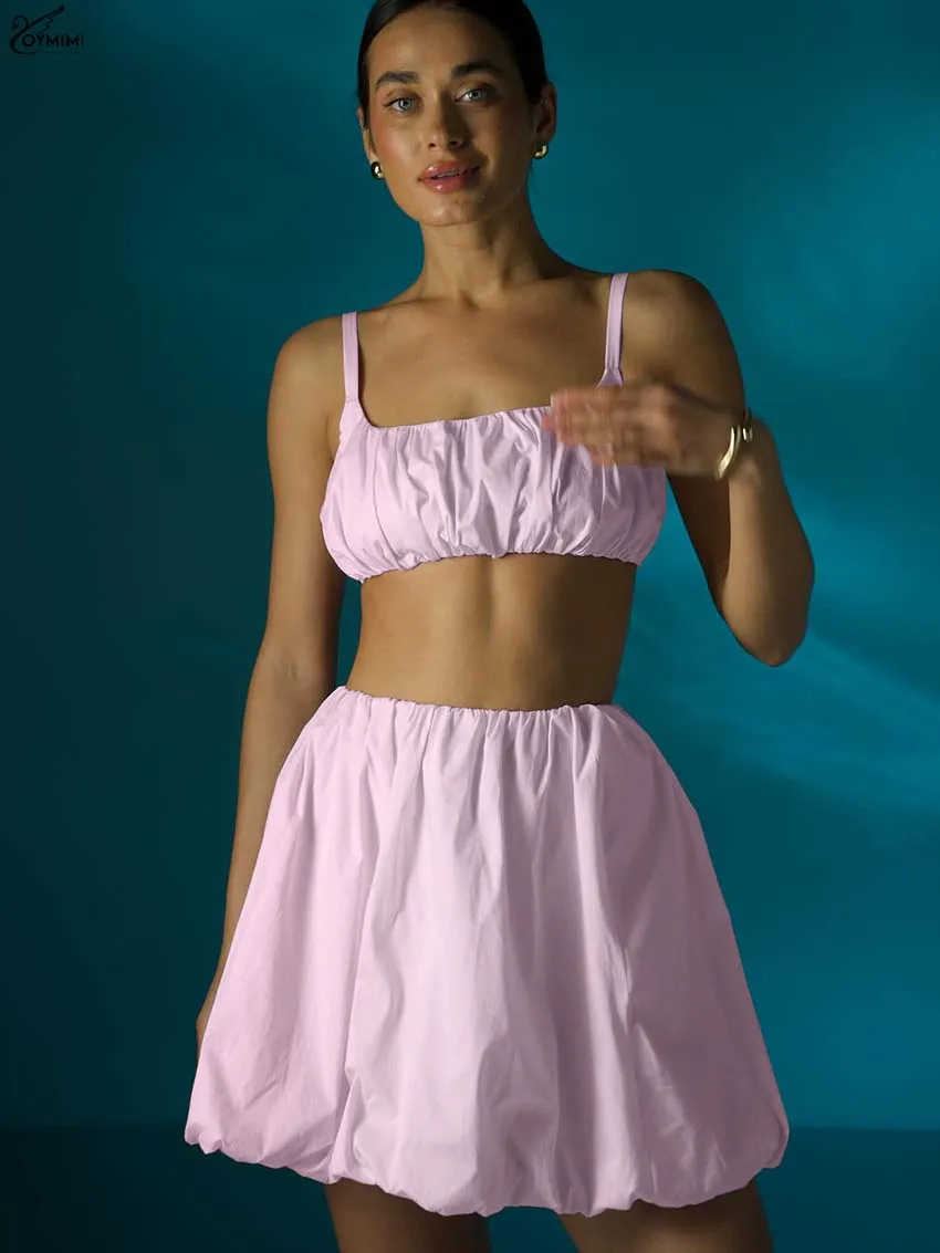 Oymimi Summer Pink Cotton Set Woman 2 Piece Casual Spaghetti Strap Slim Crop Tank Tops And Mid Waisted Pleated Mini Skirts Sets