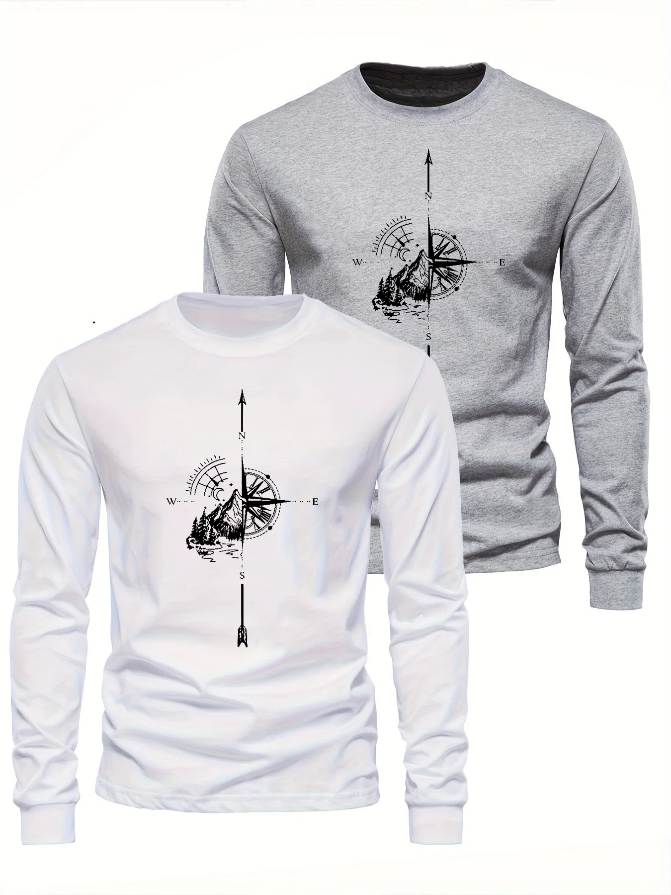 100% Pure Cotton Men's Long Sleeved Round Neck Loose Casual Mountain and Compass Printed Spring and Autumn Versatile T-Shirt Top