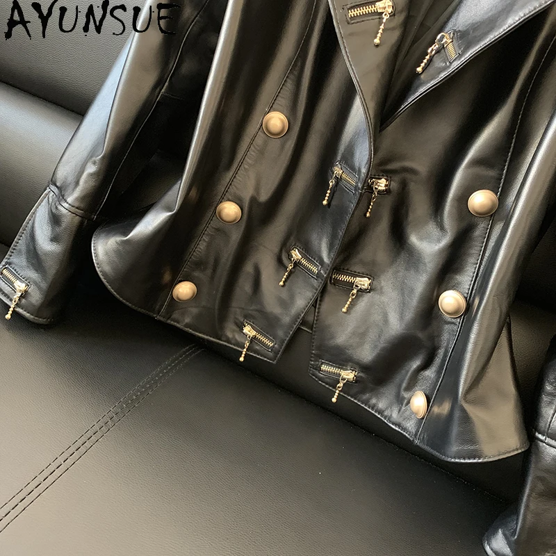 AYUNSUE Real Leather Jacket Coat Women Zippers Genuine Leather Sheepskin Motorcycle Fashion Luxury Brand Designer Ladies Tops