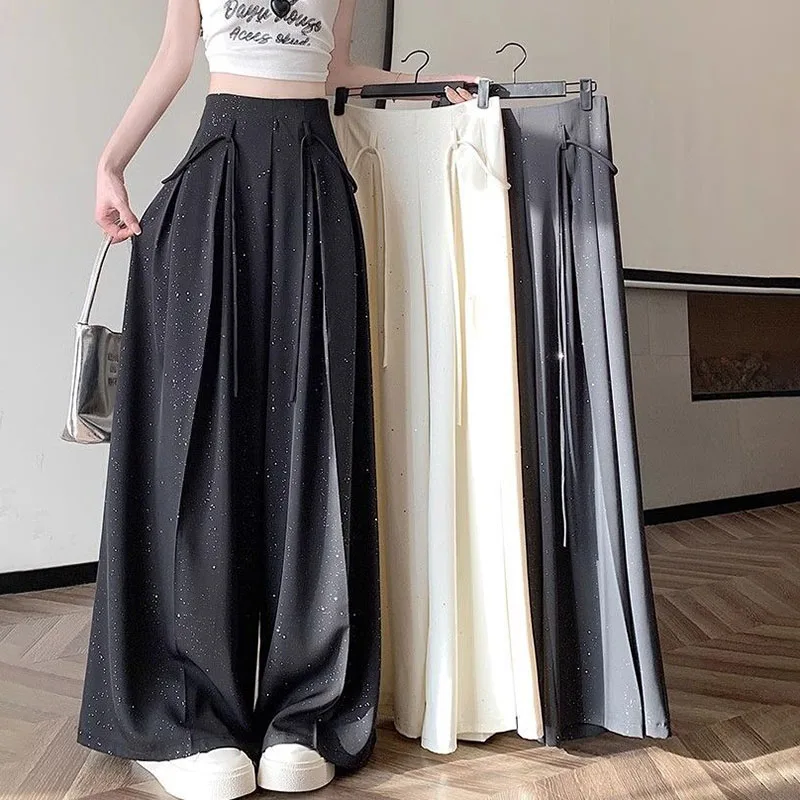 High-End Hot Rhinestone Suit Pants Wide-Leg Pants Skirt Women's Spring Summer New High Waist Lace-Up Loose Mop Pants